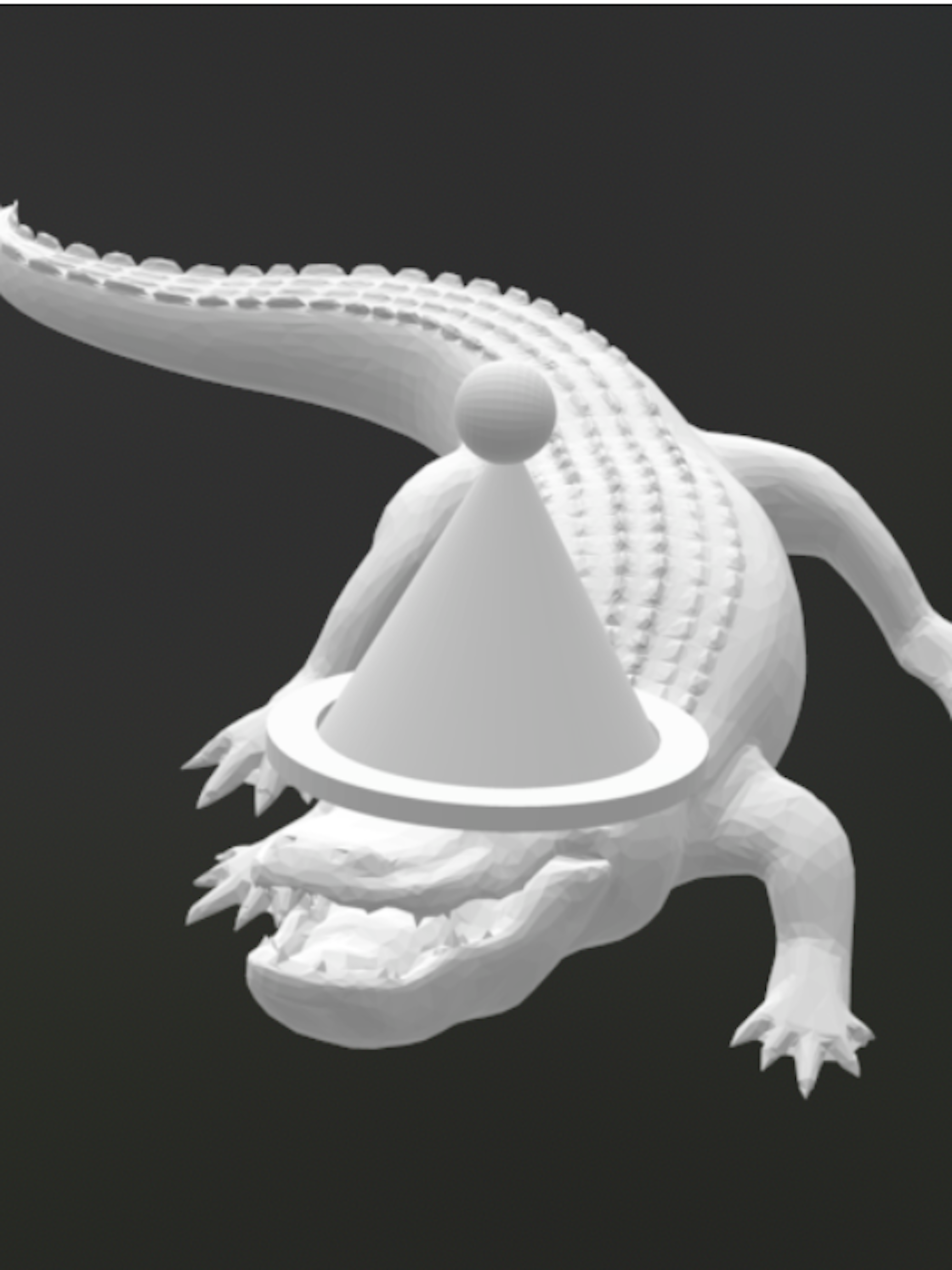 model of alligator with party hat